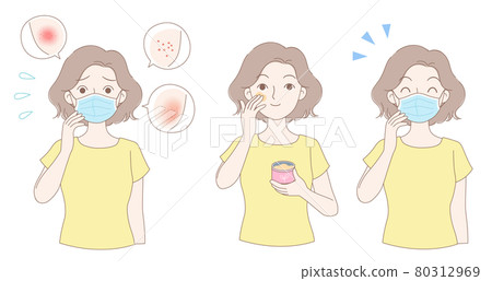 一個女子戴口罩後臉部皮膚過敏,一個抹乳液動作,一個戴口罩舒適愉快 一個女子戴口罩後臉部皮膚過敏,一個抹乳液動作,一個戴口罩舒適愉快 80312969