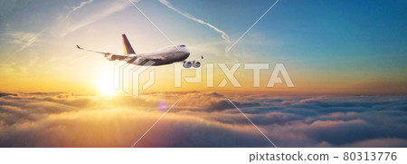 Passengers commercial airplane flying above clouds Passengers commercial airplane flying above clouds 80313776