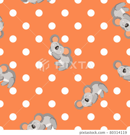 Seamless pattern with cute koala baby and flowers on color polka dots background. Funny australian animals. Card, postcards for kids. Flat vector illustration for fabric, textile, wallpaper, poster 80314119