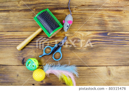 Toys and accessories for cats on wooden background. Top view. Pet care concept 80315476