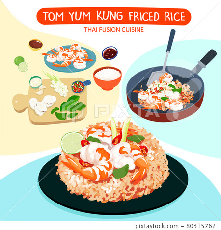Tom yum kung fried rice and ingredients vector illustration. 80315762