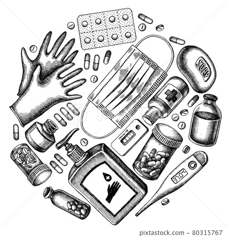 Round design with black and white pills and medicines, medical face mask, sanitizer bottles, medical Round design with black and white pills and medicines, medical face mask, sanitizer bottles, medical 80315767