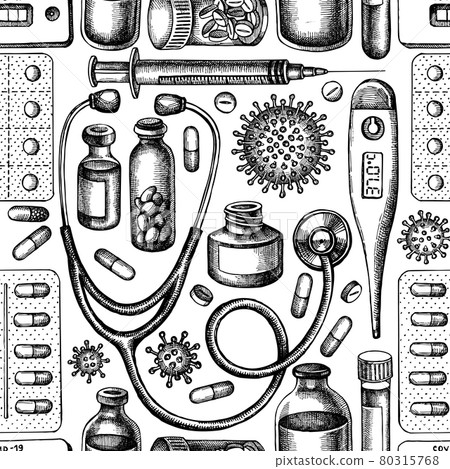 Seamless pattern with black and white vial of blood, pills and medicines, medical thermometer Seamless pattern with black and white vial of blood, pills and medicines, medical thermometer 80315768
