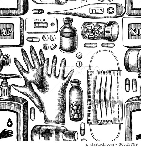 Seamless pattern with black and white pills and medicines, medical face mask, sanitizer bottles 80315769