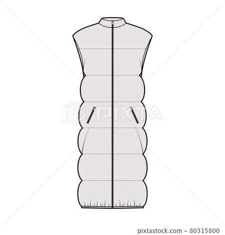 Down vest puffer waistcoat technical fashion illustration with sleeveless, stand collar, knee length, wide quilting Down vest puffer waistcoat technical fashion illustration with sleeveless, stand collar, knee length, wide quilting 80315800