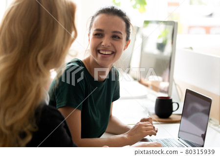 Happy millennial intern, student girl talking to teacher, consulting tutor, Happy millennial intern, student girl talking to teacher, consulting tutor, 80315939