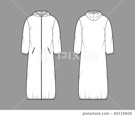 Hooded padded shell coat jacket puffer technical fashion illustration with long sleeves, maxi length, zip-up closure Hooded padded shell coat jacket puffer technical fashion illustration with long sleeves, maxi length, zip-up closure 80316608