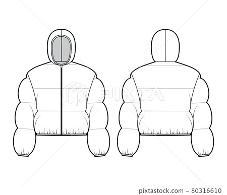 Hooded jacket Down puffer coat technical fashion illustration with long sleeves, zip-up closure, boxy fit, crop length 80316610