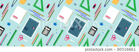 School  pattern. Education background. Back to school  seamless pattern. School supplies, objects, compasses, colored crayons, erasers, scissors, paper clips, sharpeners, ruler, glue, notebook 80316661