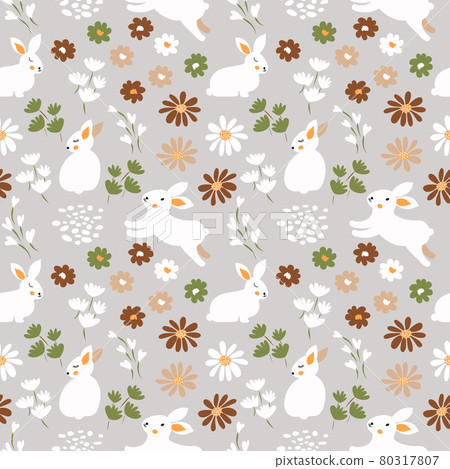 Spring, Easter vector seamless pattern cute pastel color retro rabbits, leaves and blossom little flowers. Easter bunny background 80317807