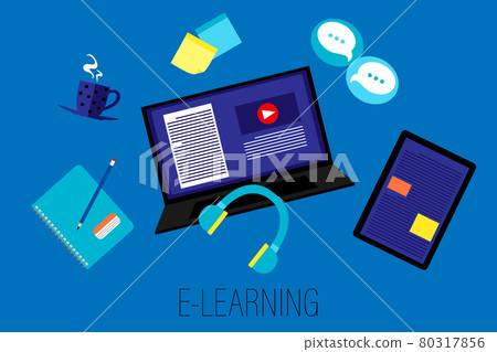 E-learning, digital, online class concept background, social distancing, computer, headphone, tablet workplace design E-learning, digital, online class concept background, social distancing, computer, headphone, tablet workplace design 80317856