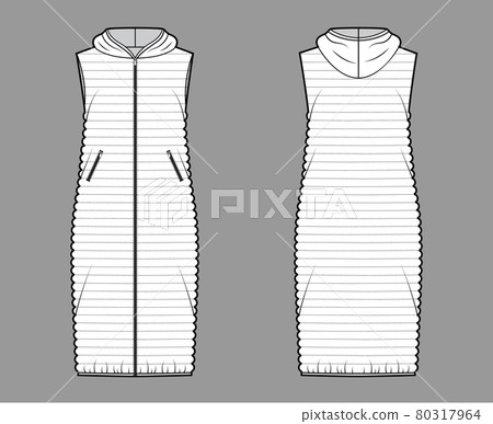 Down vest puffer waistcoat technical fashion illustration with hoody collar, zip-up closure, pockets, loose body Down vest puffer waistcoat technical fashion illustration with hoody collar, zip-up closure, pockets, loose body 80317964