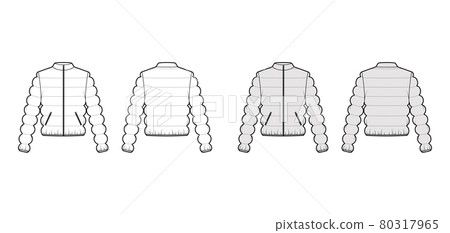 Down puffer coat jacket technical fashion illustration with long sleeves, stand collar, hip length, classic quilting Down puffer coat jacket technical fashion illustration with long sleeves, stand collar, hip length, classic quilting 80317965