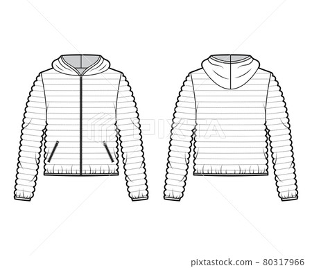 Hooded jacket Down puffer coat technical fashion illustration with long sleeves, zip-up closure, pocket, narrow quilting Hooded jacket Down puffer coat technical fashion illustration with long sleeves, zip-up closure, pocket, narrow quilting 80317966