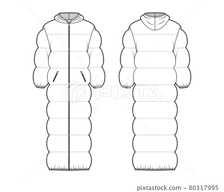 Hooded puffer quilted shell down coat jacket technical fashion illustration with long sleeves, zip-up closure, oversized 80317995