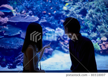 A young couple watching fish and creatures on an aquarium date A young couple watching fish and creatures on an aquarium date 80318007