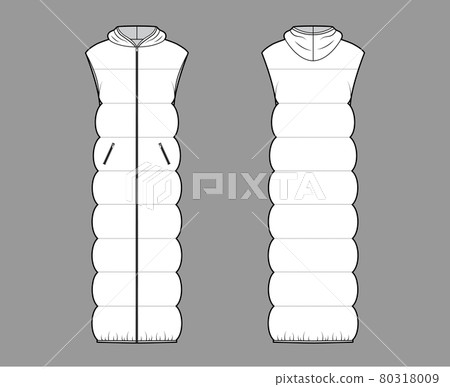 Down vest puffer waistcoat technical fashion illustration with sleeveless, hoody collar, zip-up closure, maxi length 80318009