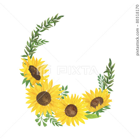 Sunflower and leaves frame, floral composition watercolor illustration, field agricultural plant summer bouquet, arrangement for thanksgiving, greeting card, boho decor, wedding invitation template 80318170