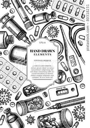 Card design with black and white vial of blood, pills and medicines, medical thermometer Card design with black and white vial of blood, pills and medicines, medical thermometer 80318231