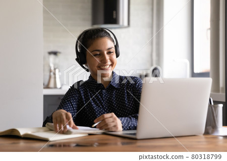 Happy Indian student in headphones with microphone attending virtual training 80318799