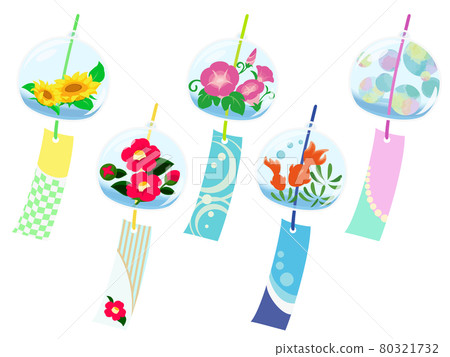 日本風鈴套裝夏季傳統圖標 插圖素材 插圖素材 圖庫