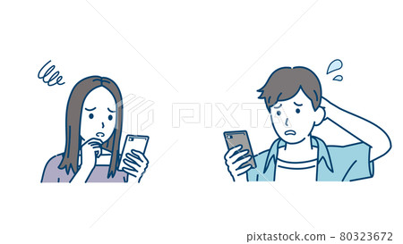 Get in touch, interact with smartphones, young men and women, couples, young people, troubles, anxiety, worries, problems, illustration materials 80323672