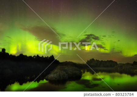 Aurora borealis northern lights over the river. Aurora borealis in the night sky. Purple and green northern Lights swirling over pine trees Travel background Aurora borealis northern lights over the river. Aurora borealis in the night sky. Purple and green northern Lights swirling over pine trees Travel background 80323784