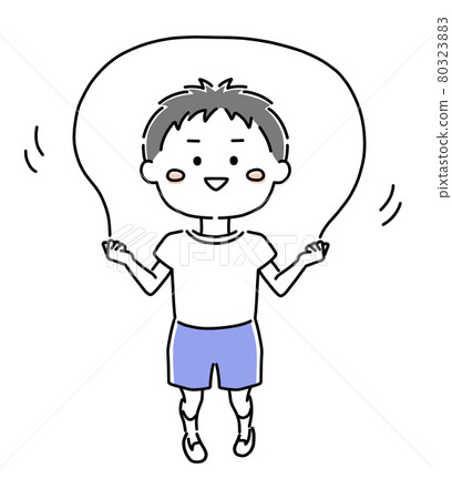 A boy wearing gym clothes and skipping rope 80323883