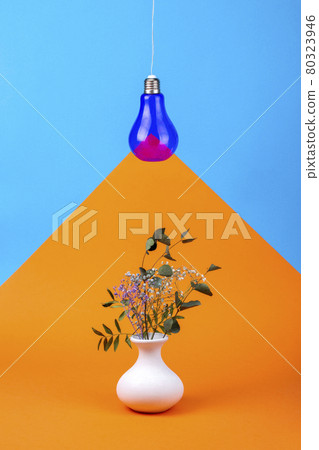 Geometric Still Life with Purple Light Bulb On Wire and Vase with Flowers 80323946