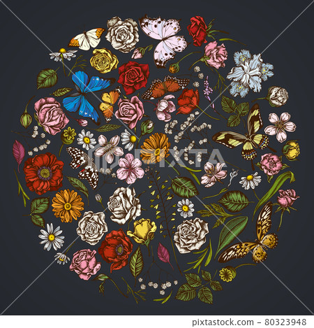 Round floral design on dark background with shepherd's purse, heather, iris japonica, sakura 80323948