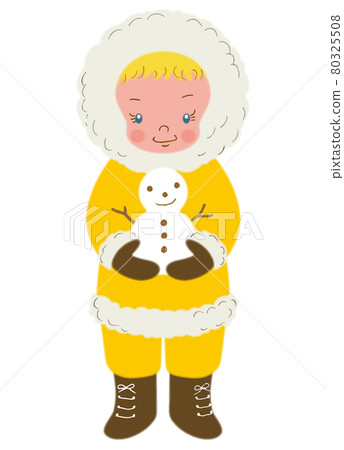 A person wearing yellow winter clothes has a snowman 80325508