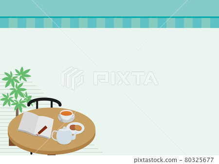 Cafe table, books and tea and cookies, pachira, awning sunshade background material 80325677
