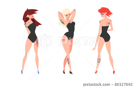 Tattooed or Inked Woman Wearing Swimsuit in Standing Pose Vector Set 80327692