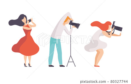 Man and Woman Photographer Shooting with Professional Camera Vector Set Man and Woman Photographer Shooting with Professional Camera Vector Set 80327744