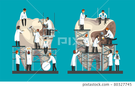 Man Dentist in White Coat Treating and Cleaning Huge Tooth with Dental Caries Vector Set 80327745