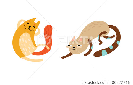 Cute Bright Whiskered Cat as Furry Domestic Pet Vector Set 80327746