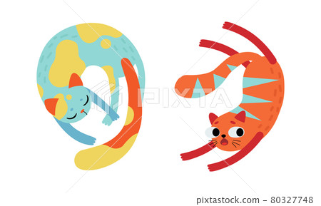 Cute Bright Whiskered Cat as Furry Domestic Pet Vector Set 80327748