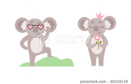Cute Gray Koala Bear Wearing Heart Shaped Sunglasses and Crown Vector Set Cute Gray Koala Bear Wearing Heart Shaped Sunglasses and Crown Vector Set 80328139