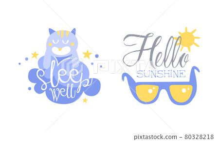 Motivational Quotes Set, Sleep Well, Hello Sunshine Banner, Card, Bag, T-shirt, Home Decor Prints Hand Drawn Vector Illustration 80328218