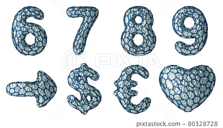 Symbol collection 6, 7, 8, 9, arrow, dollar, euro, heart made of realistic 3d render silver shining metallic. Symbol collection 6, 7, 8, 9, arrow, dollar, euro, heart made of realistic 3d render silver shining metallic. 80328728