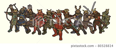 Samurai Warrior with Weapons Group of Ronin Japanese Fighter Cartoon Graphic Vector 80328814