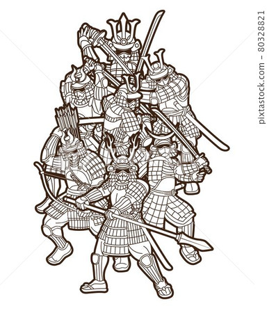 Samurai Warrior with Weapons Group of Ronin Japanese Fighter Cartoon Graphic Vector 80328821