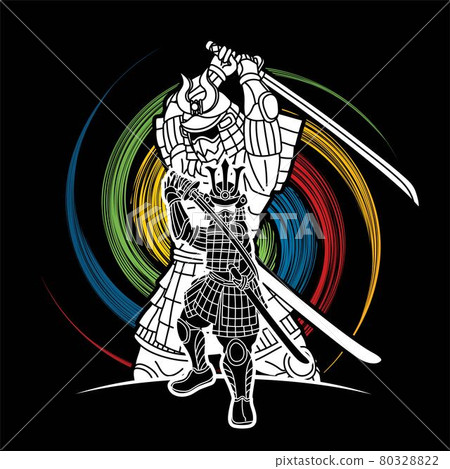Samurai Warrior with Weapons Group of Ronin Japanese Fighter Cartoon Graphic Vector 80328822