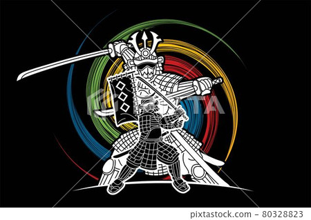 Samurai Warrior with Weapons Group of Ronin Japanese Fighter Cartoon Graphic Vector 80328823
