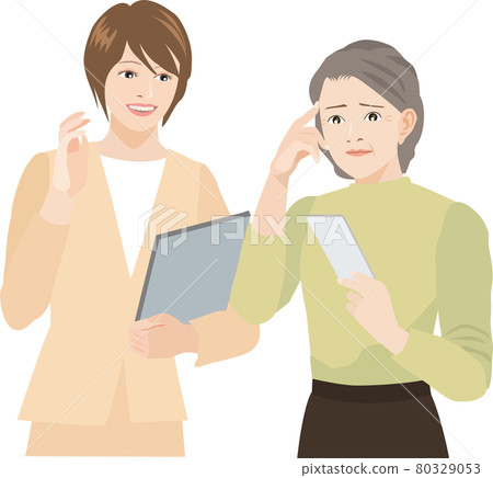 Elderly woman learning how to operate a smartphone Elderly woman learning how to operate a smartphone 80329053