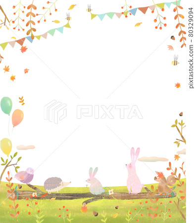 Scandinavian fashionable and fun white background vector frame illustration of autumn plants and forest animals 80329094