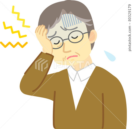 Illustration material: Poor physical condition series: An elderly man complains of illness by putting his hand on his forehead due to a headache. 80329179