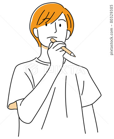 Boy 09_01 (Hand-painted, upper body of a man thinking about something with a pencil, Orange 01) Boy 09_01 (Hand-painted, upper body of a man thinking about something with a pencil, Orange 01) 80329385