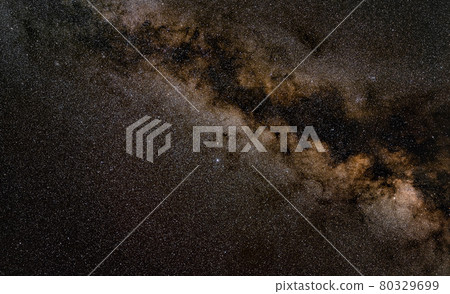 Night sky, many stars with milky way around Aquila constellation visible. Long exposure stacked photo 80329699