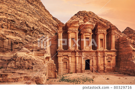 Ad Deir - Monastery - ruins carved in rocky wall at Petra Jordan Ad Deir - Monastery - ruins carved in rocky wall at Petra Jordan 80329716